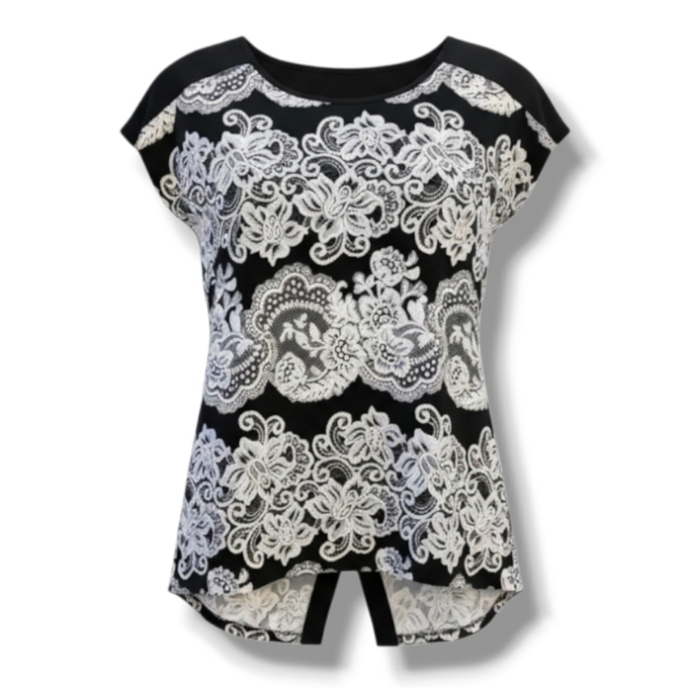 Ava James Black & White Floral Split-Back Blouse – Women’s Medium